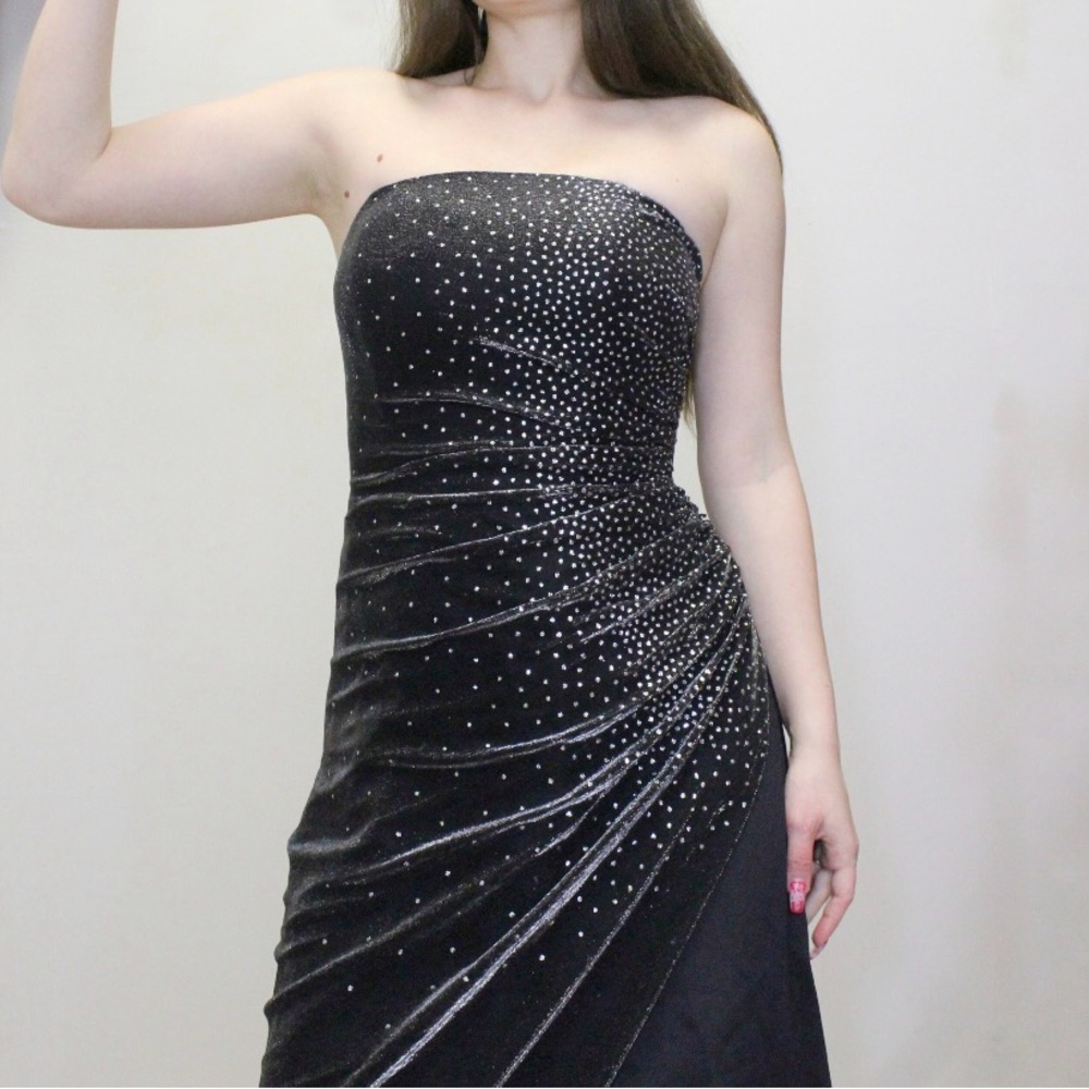 Vintage 90s Strapless Sparkle Lurex Gown, Black Metallic Formal Prom Dress